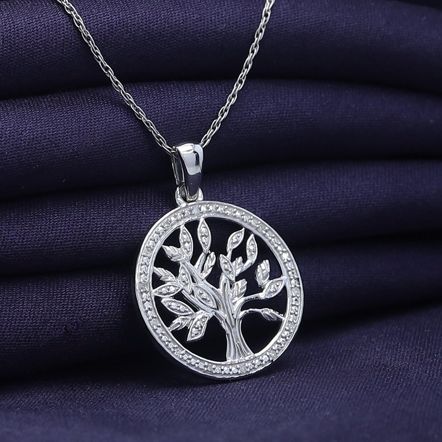 Natural Diamond Two Tone Tree of Life Pendant Necklace Sterling Silver