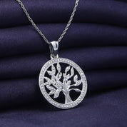 Natural Diamond Two Tone Tree of Life Pendant Necklace Sterling Silver
