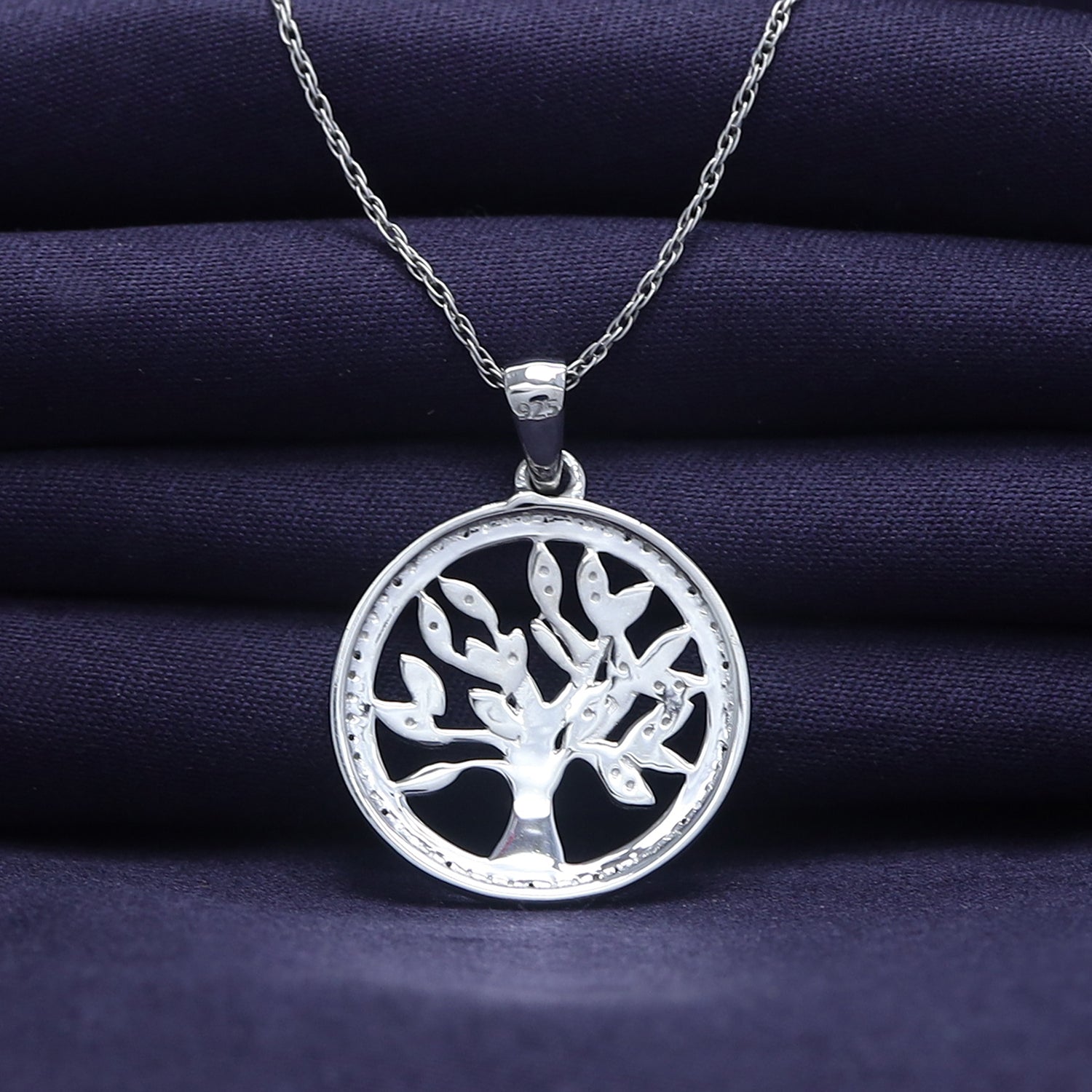 Natural Diamond Two Tone Tree of Life Pendant Necklace Sterling Silver