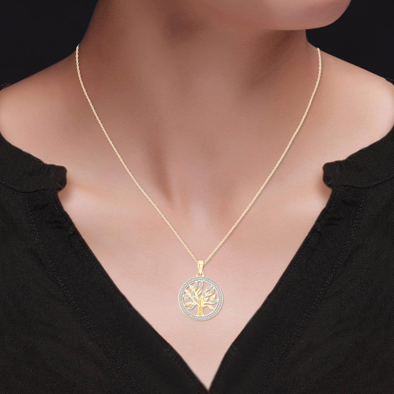 Natural Diamond Two Tone Tree of Life Pendant Necklace Sterling Silver