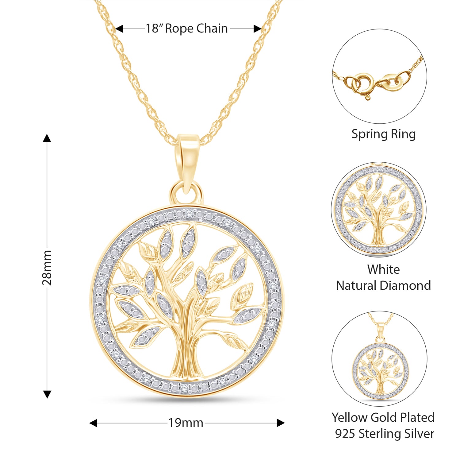 Natural Diamond Two Tone Tree of Life Pendant Necklace Sterling Silver