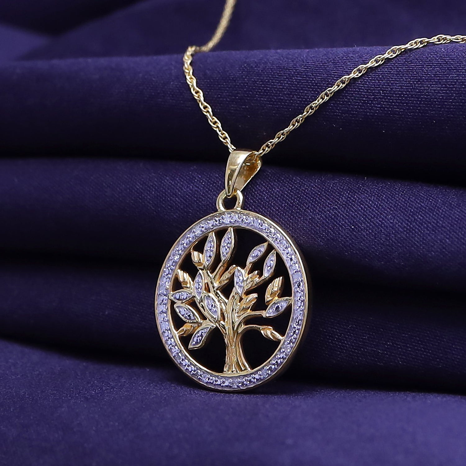 Natural Diamond Two Tone Tree of Life Pendant Necklace Sterling Silver