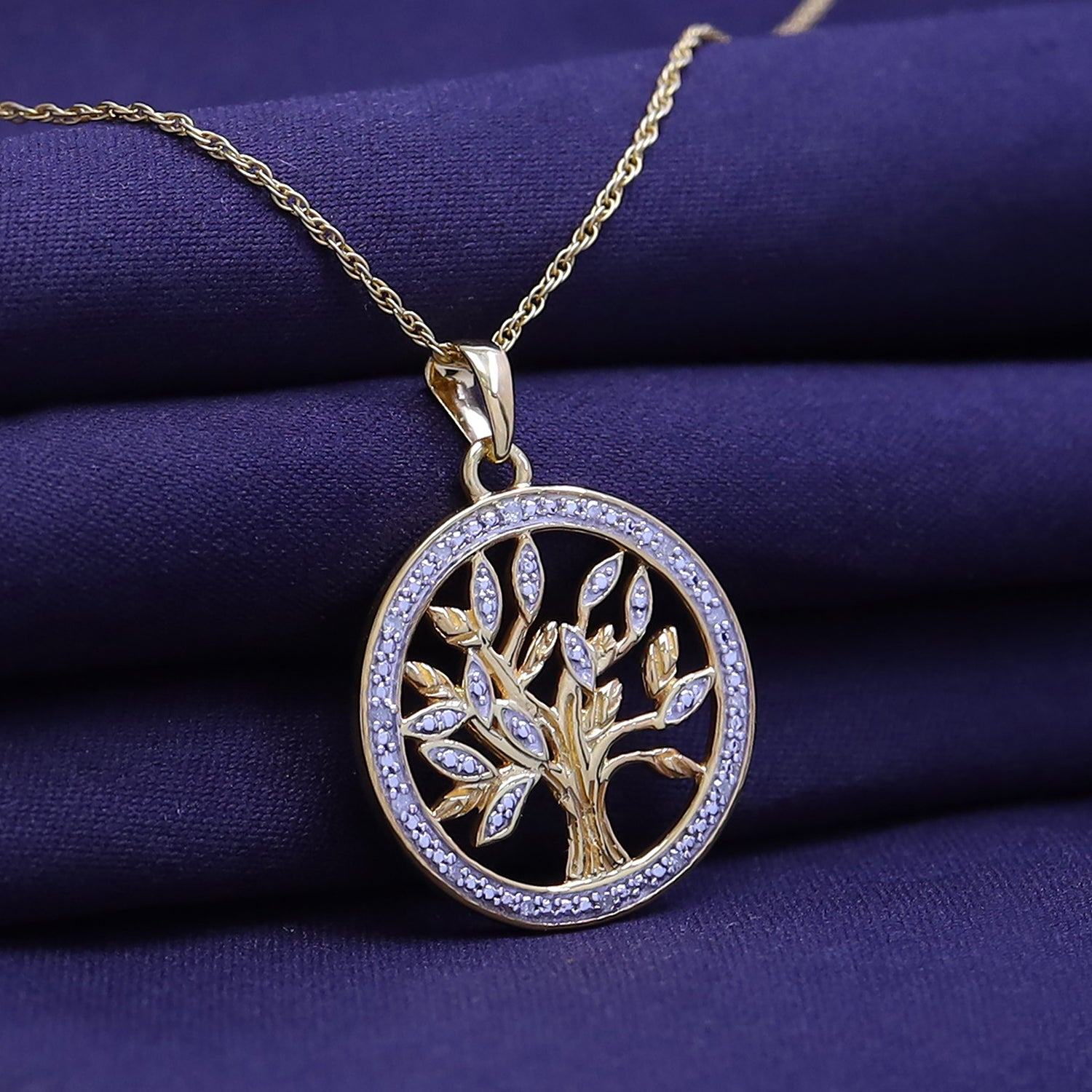 Natural Diamond Two Tone Tree of Life Pendant Necklace Sterling Silver