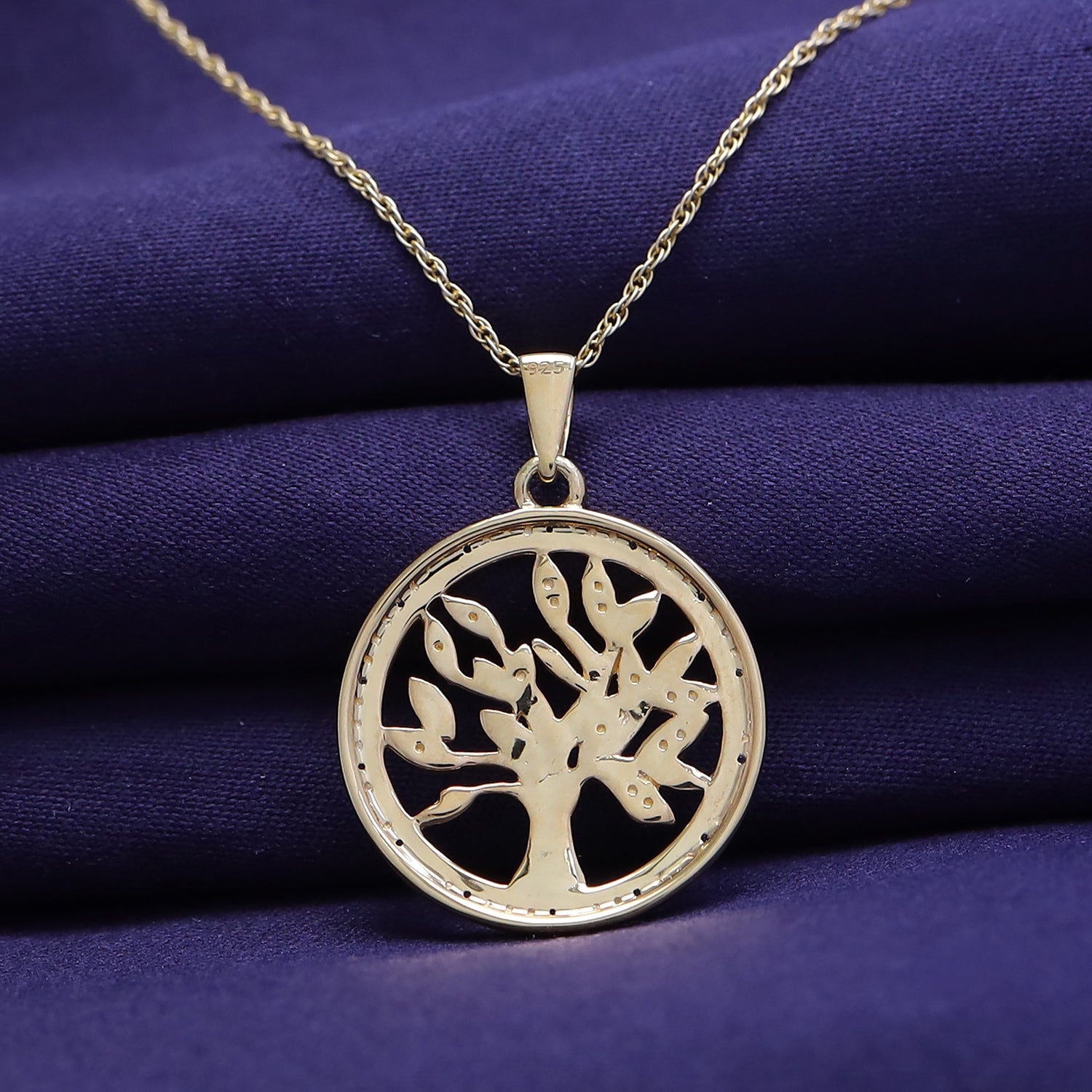 Natural Diamond Two Tone Tree of Life Pendant Necklace Sterling Silver