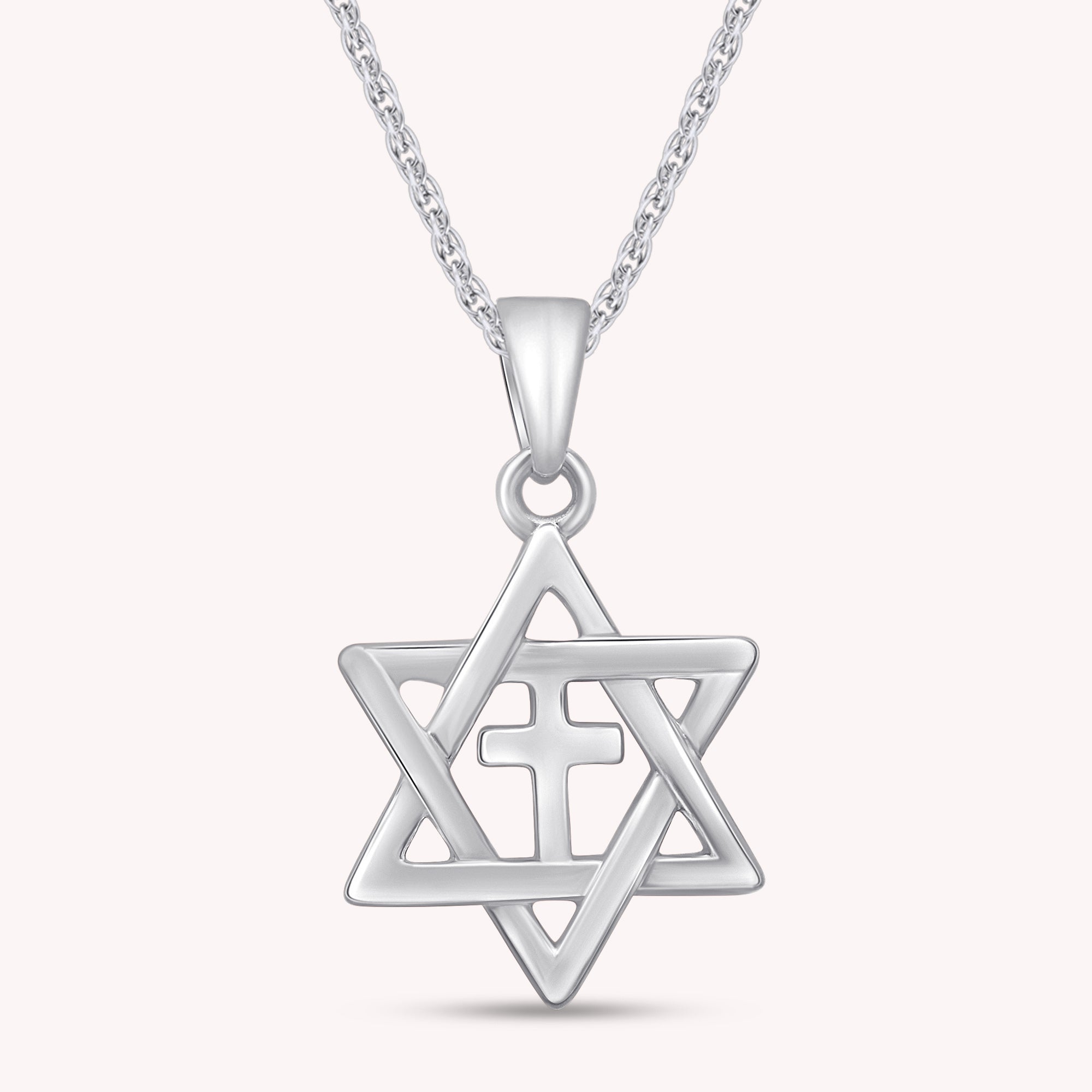 Star of David with Cross Pendant Necklace In 925 Sterling Silver