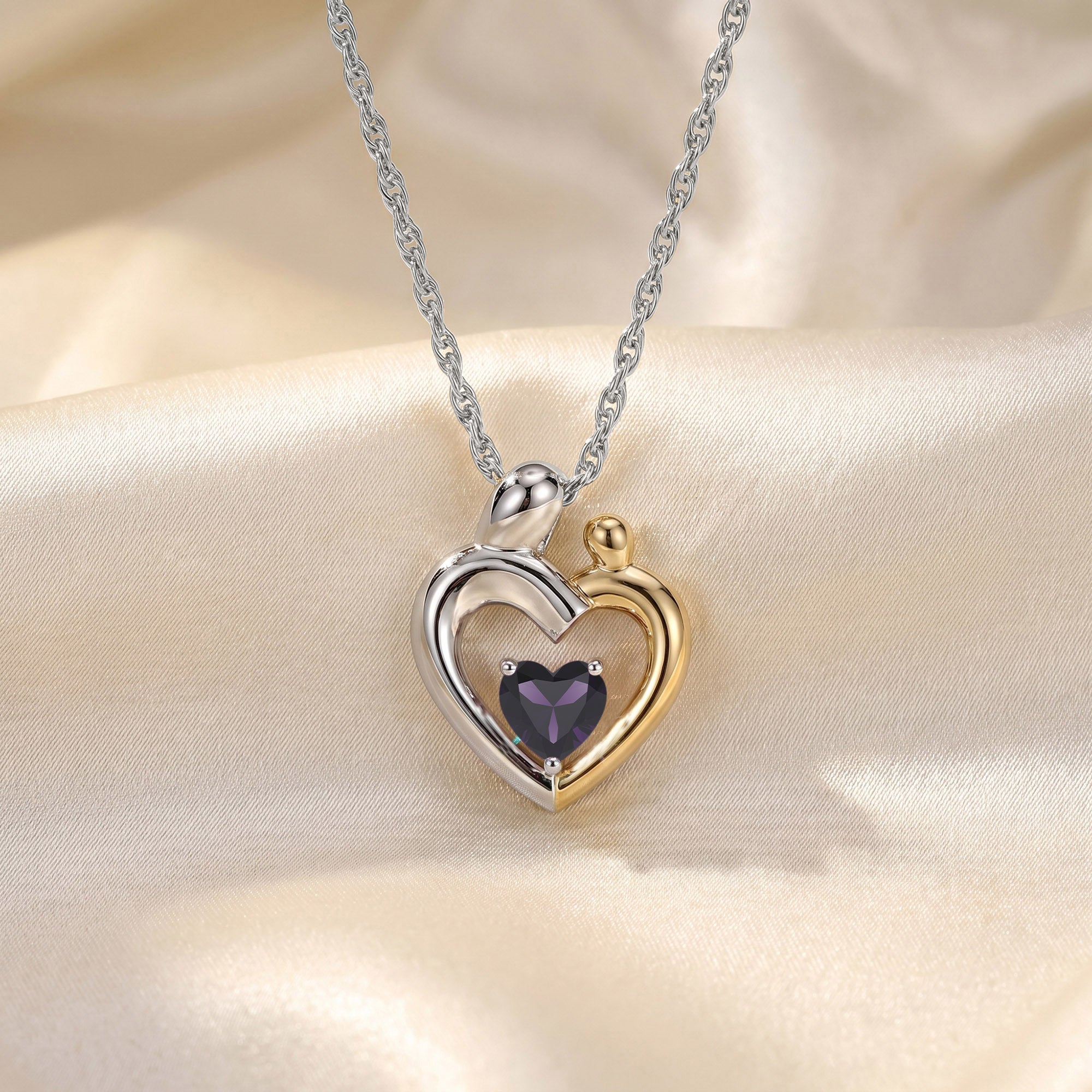 Two Tone Mom And Child Heart Pendant Necklace Sterling Silver
