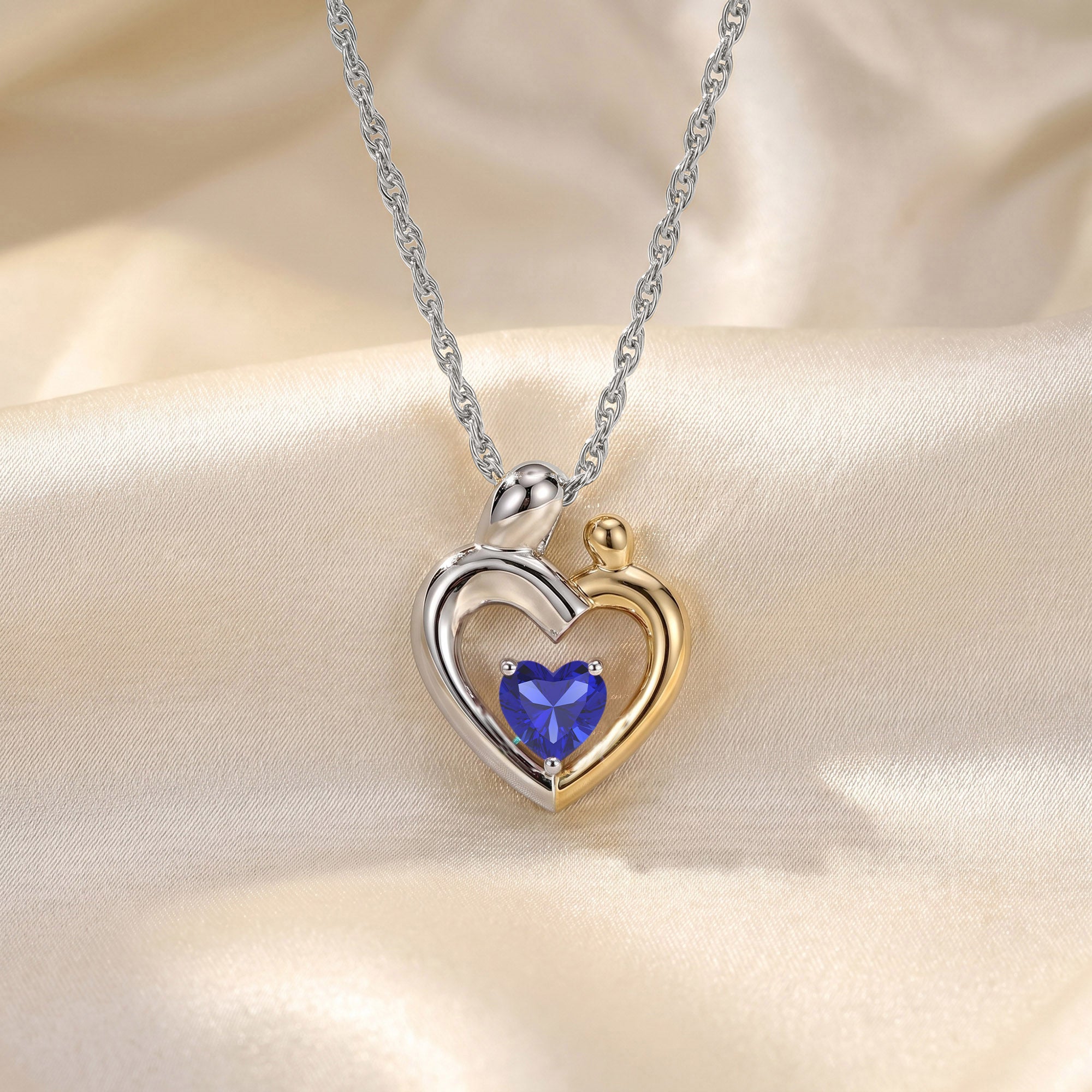 Two Tone Mom And Child Heart Pendant Necklace Sterling Silver