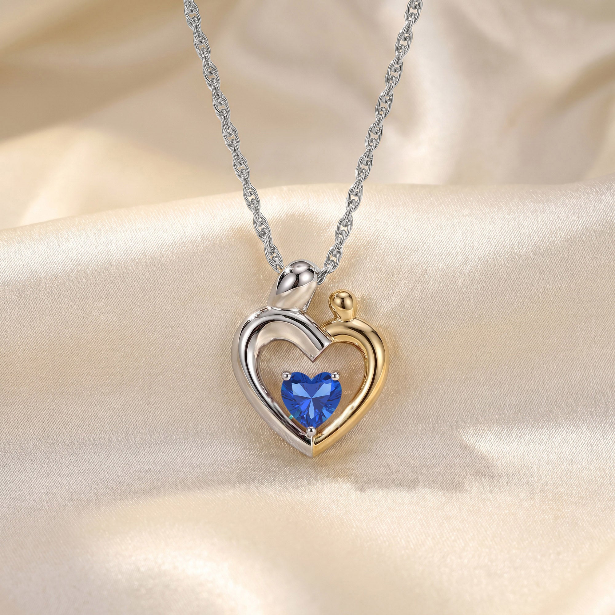 Two Tone Mom And Child Heart Pendant Necklace Sterling Silver