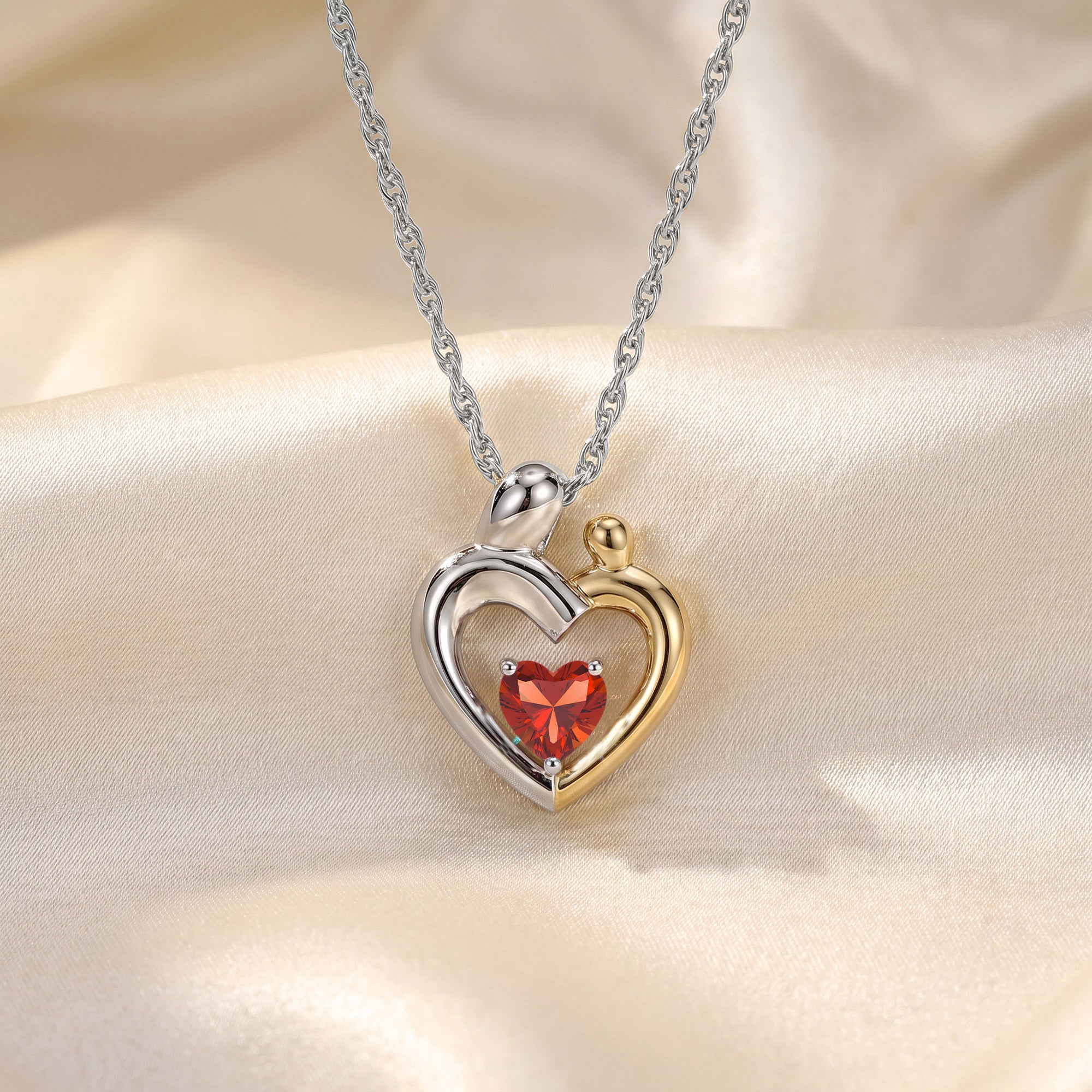 Two Tone Mom And Child Heart Pendant Necklace Sterling Silver