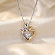 Two Tone Mom And Child Heart Pendant Necklace Sterling Silver