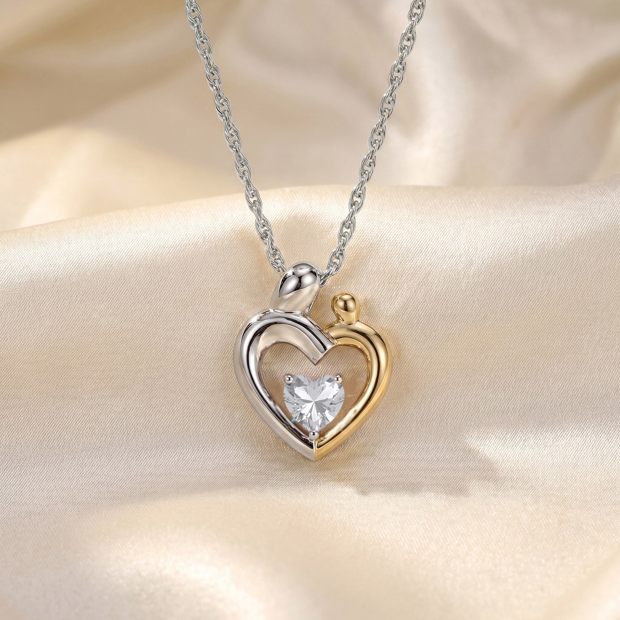 Two Tone Mom And Child Heart Pendant Necklace Sterling Silver