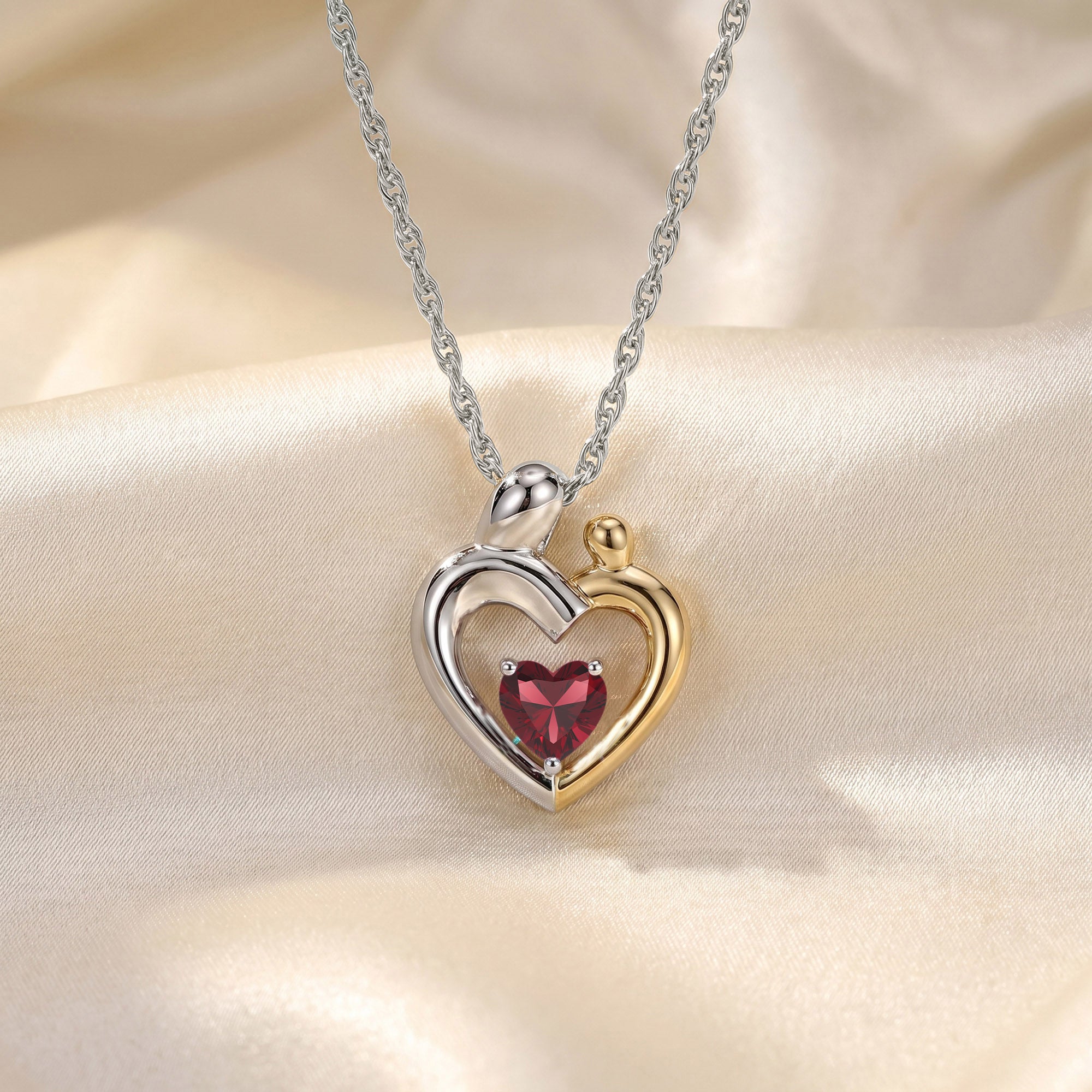 Two Tone Mom And Child Heart Pendant Necklace Sterling Silver