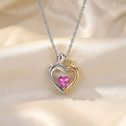 Two Tone Mom And Child Heart Pendant Necklace Sterling Silver