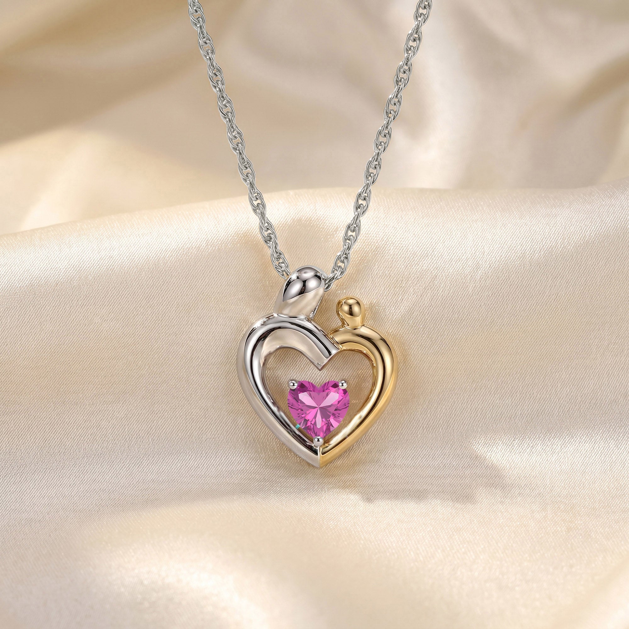 Two Tone Mom And Child Heart Pendant Necklace Sterling Silver