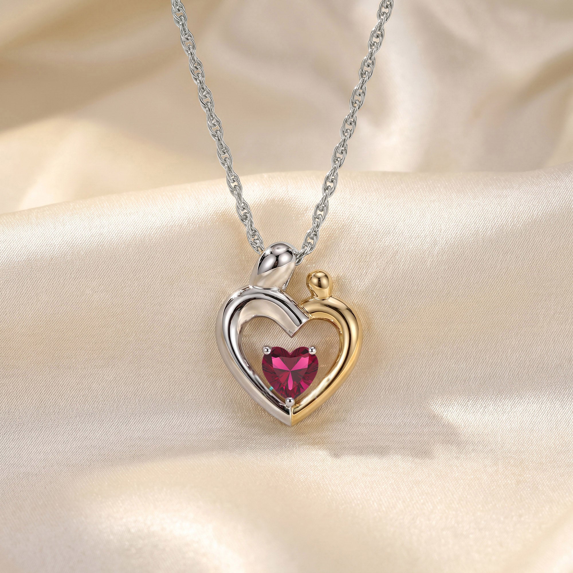 Two Tone Mom And Child Heart Pendant Necklace Sterling Silver