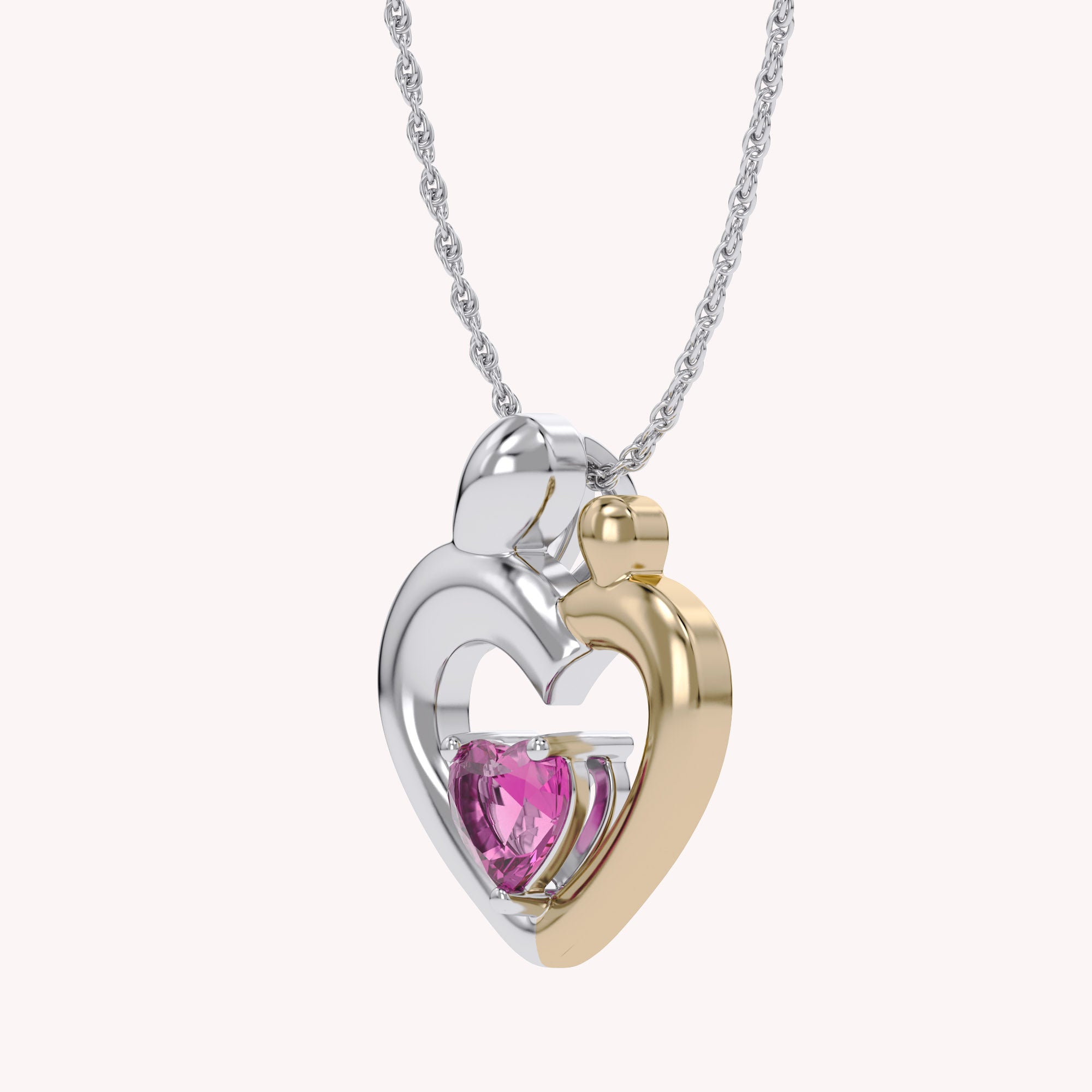 Two Tone Mom And Child Heart Pendant Necklace Sterling Silver