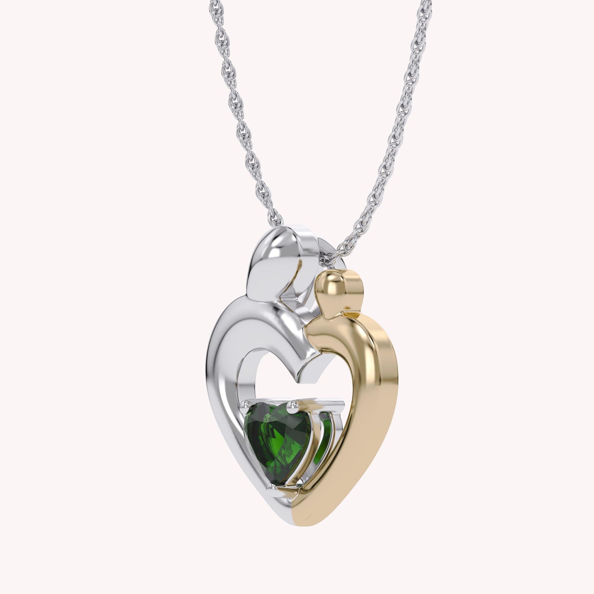 Two Tone Mom And Child Heart Pendant Necklace Sterling Silver