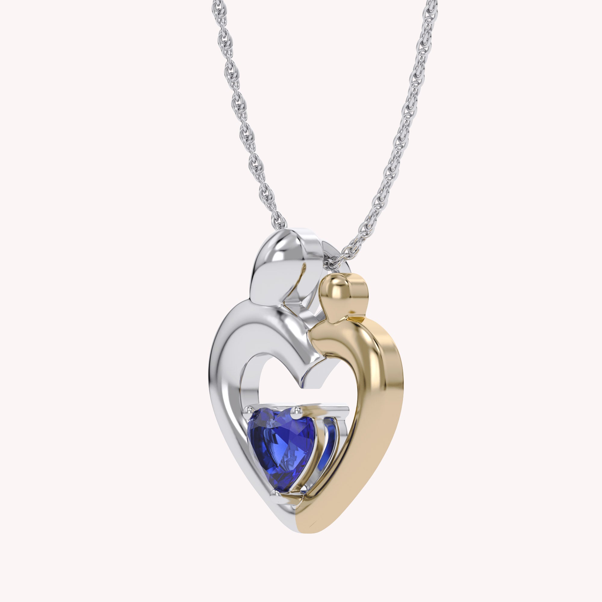 Two Tone Mom And Child Heart Pendant Necklace Sterling Silver