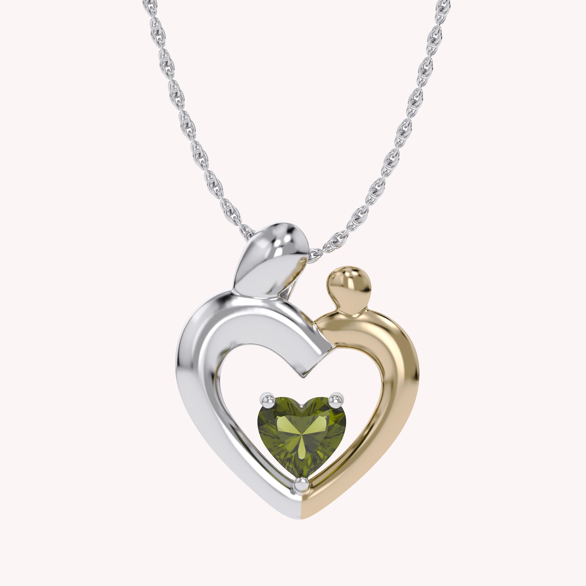 Two Tone Mom And Child Heart Pendant Necklace Sterling Silver