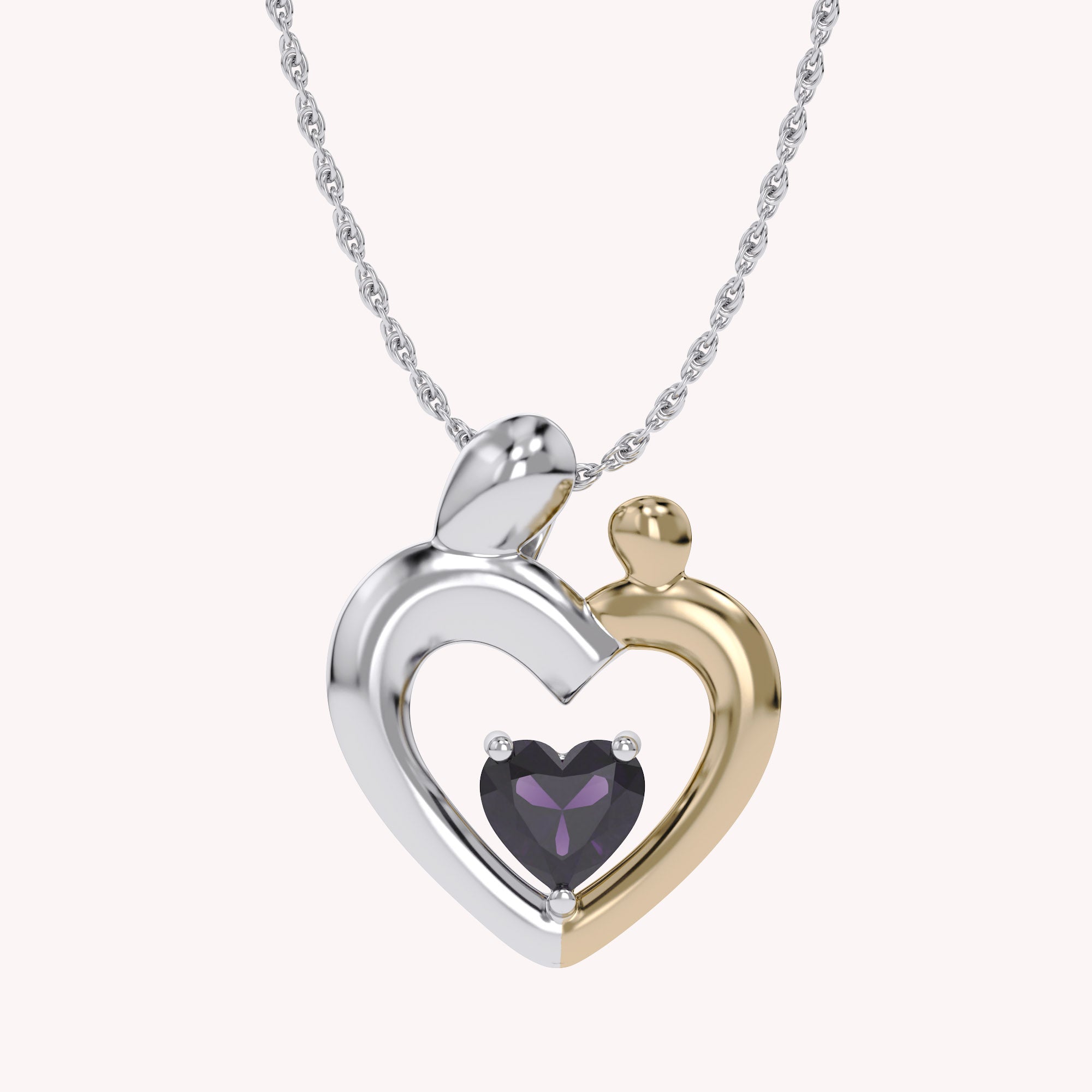 Two Tone Mom And Child Heart Pendant Necklace Sterling Silver