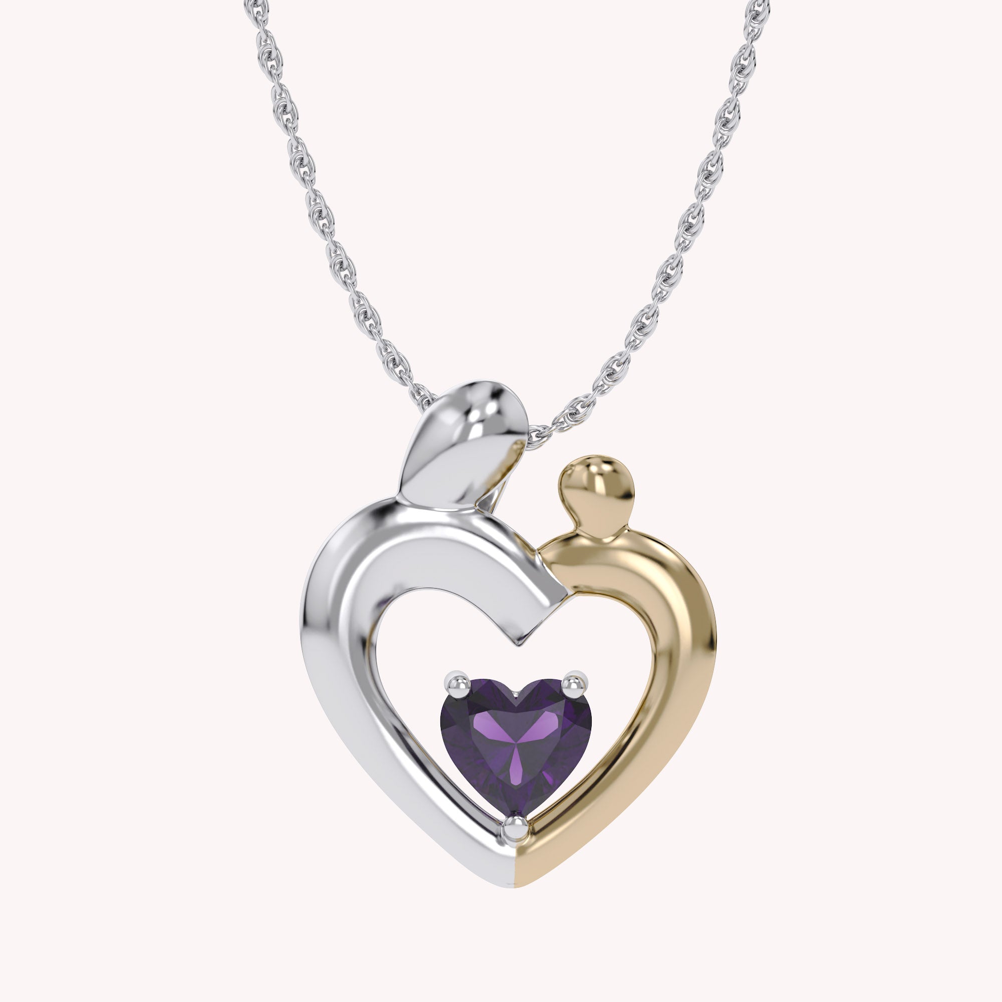 Two Tone Mom And Child Heart Pendant Necklace Sterling Silver