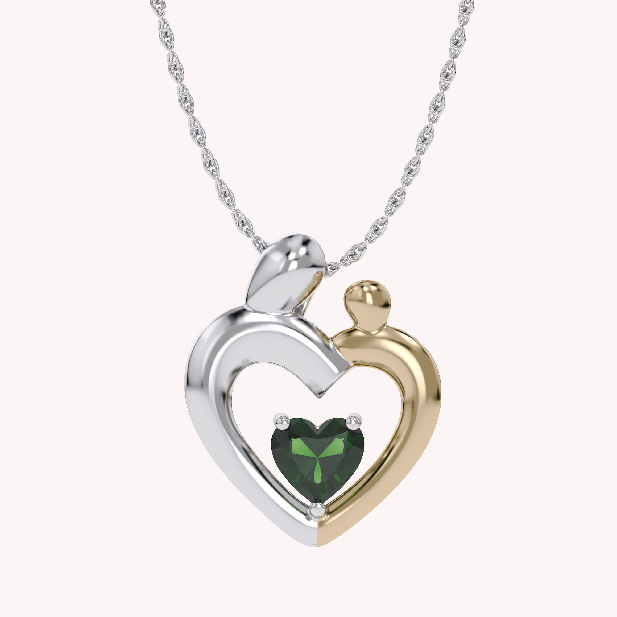 Two Tone Mom And Child Heart Pendant Necklace Sterling Silver