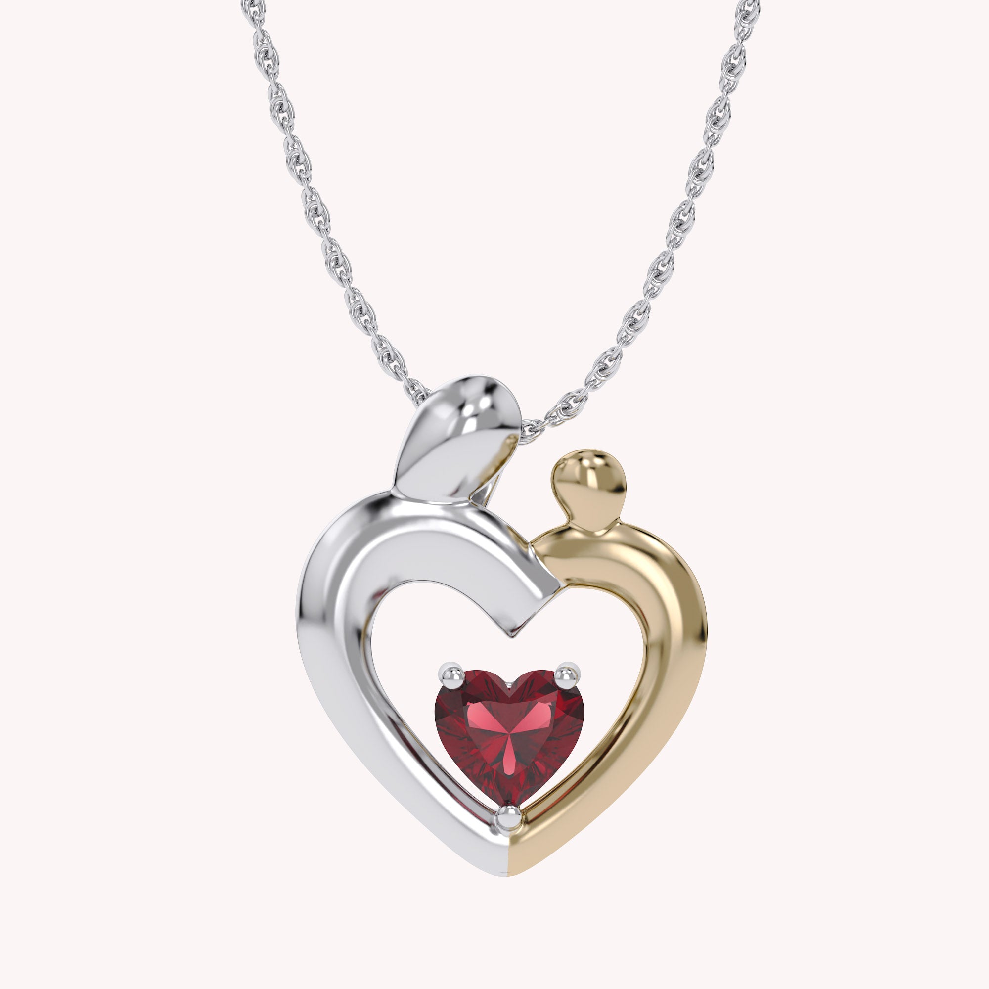 Two Tone Mom And Child Heart Pendant Necklace Sterling Silver