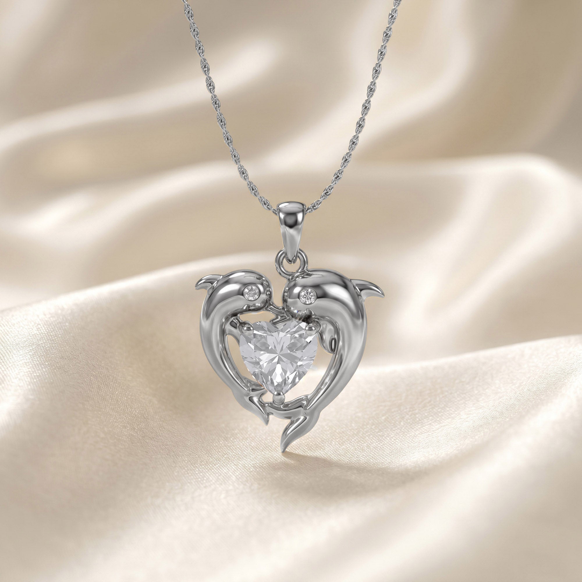 Mother And Child Dolphin Heart Pendant Necklace Sterling Silver