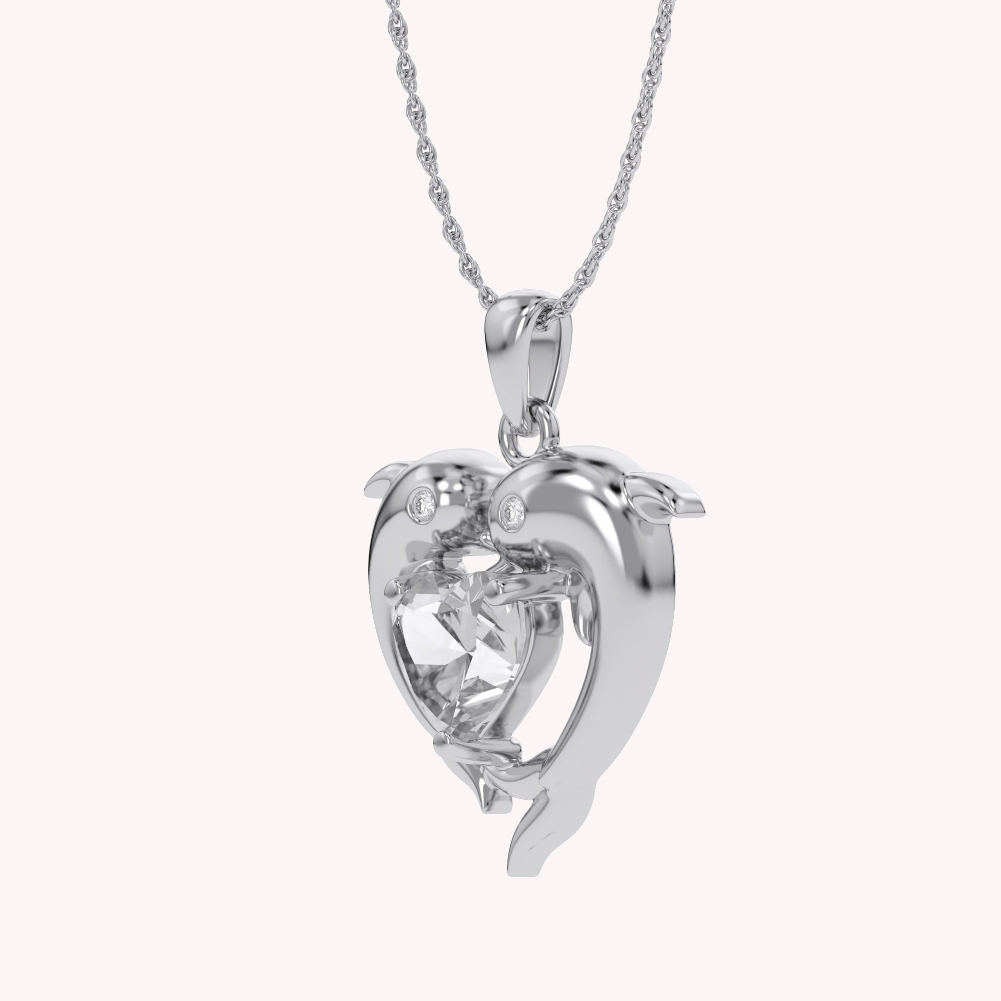 Mother And Child Dolphin Heart Pendant Necklace Sterling Silver