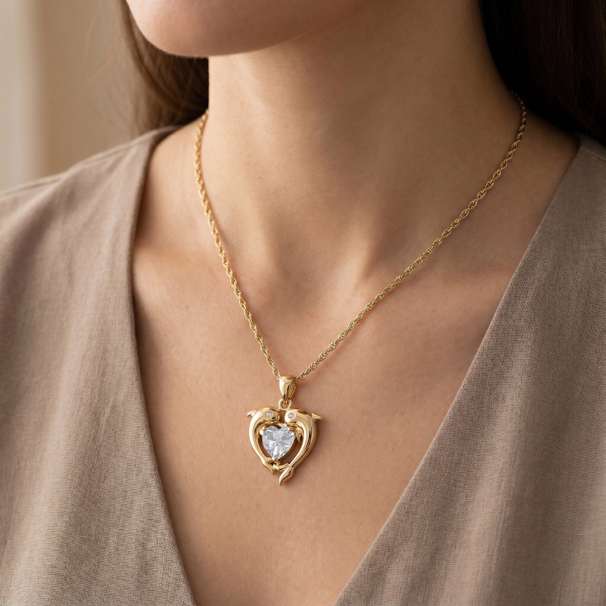 Mother And Child Dolphin Heart Pendant Necklace Sterling Silver