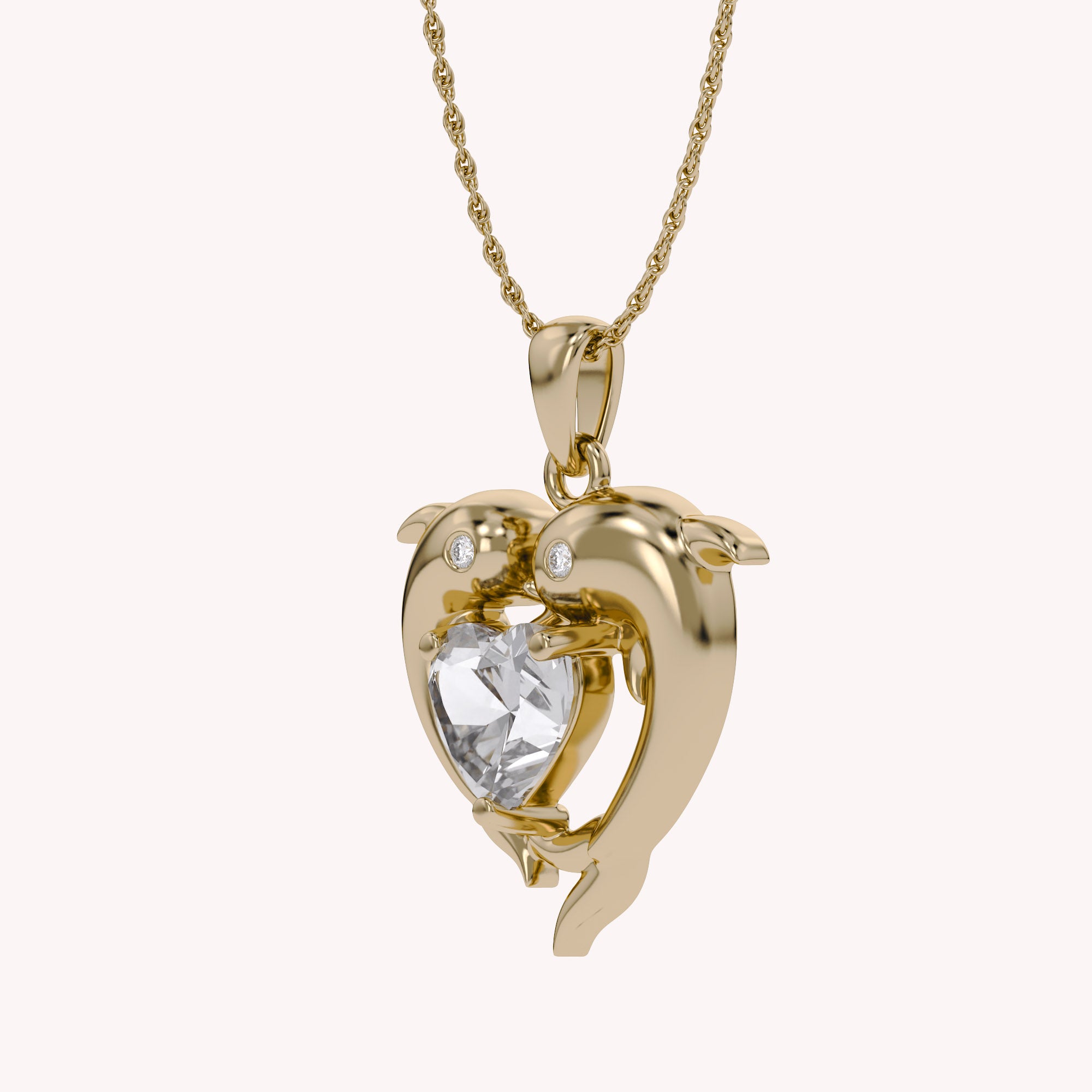 Mother And Child Dolphin Heart Pendant Necklace Sterling Silver