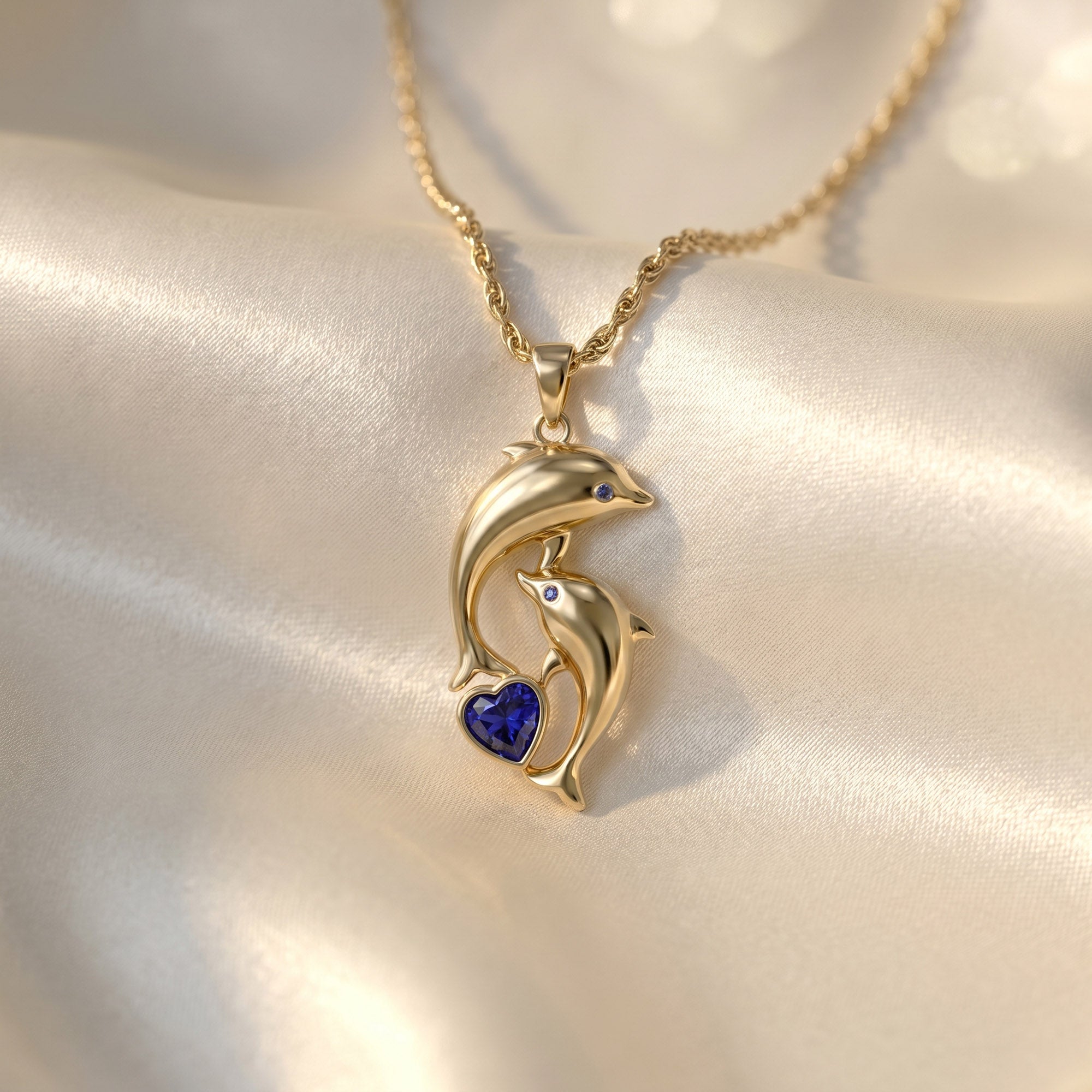 Simulated Blue Sapphire Dolphin Pendant Necklace