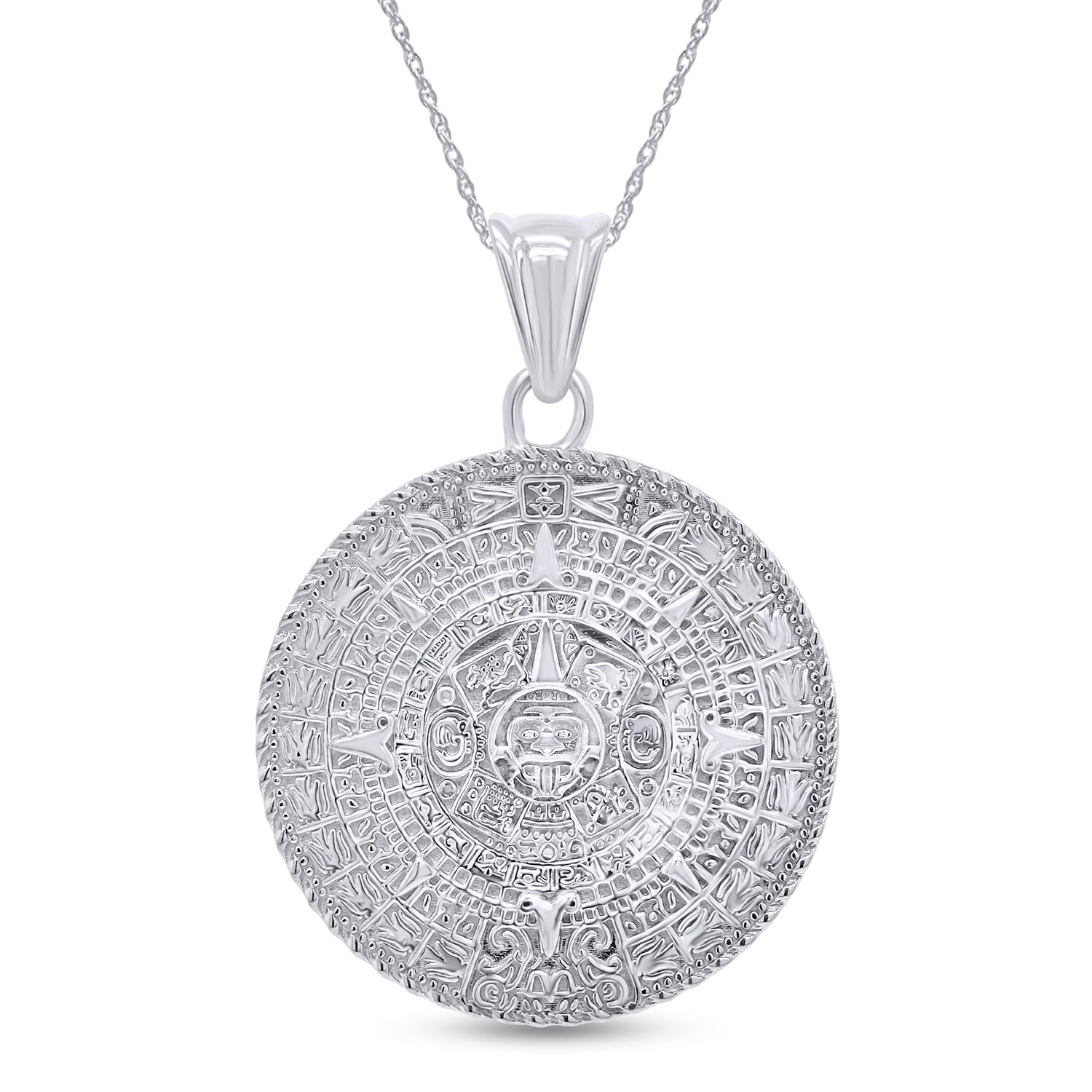 Aztec Mayan Sun Calendar Charm Pendant Necklace 925 Sterling Silver