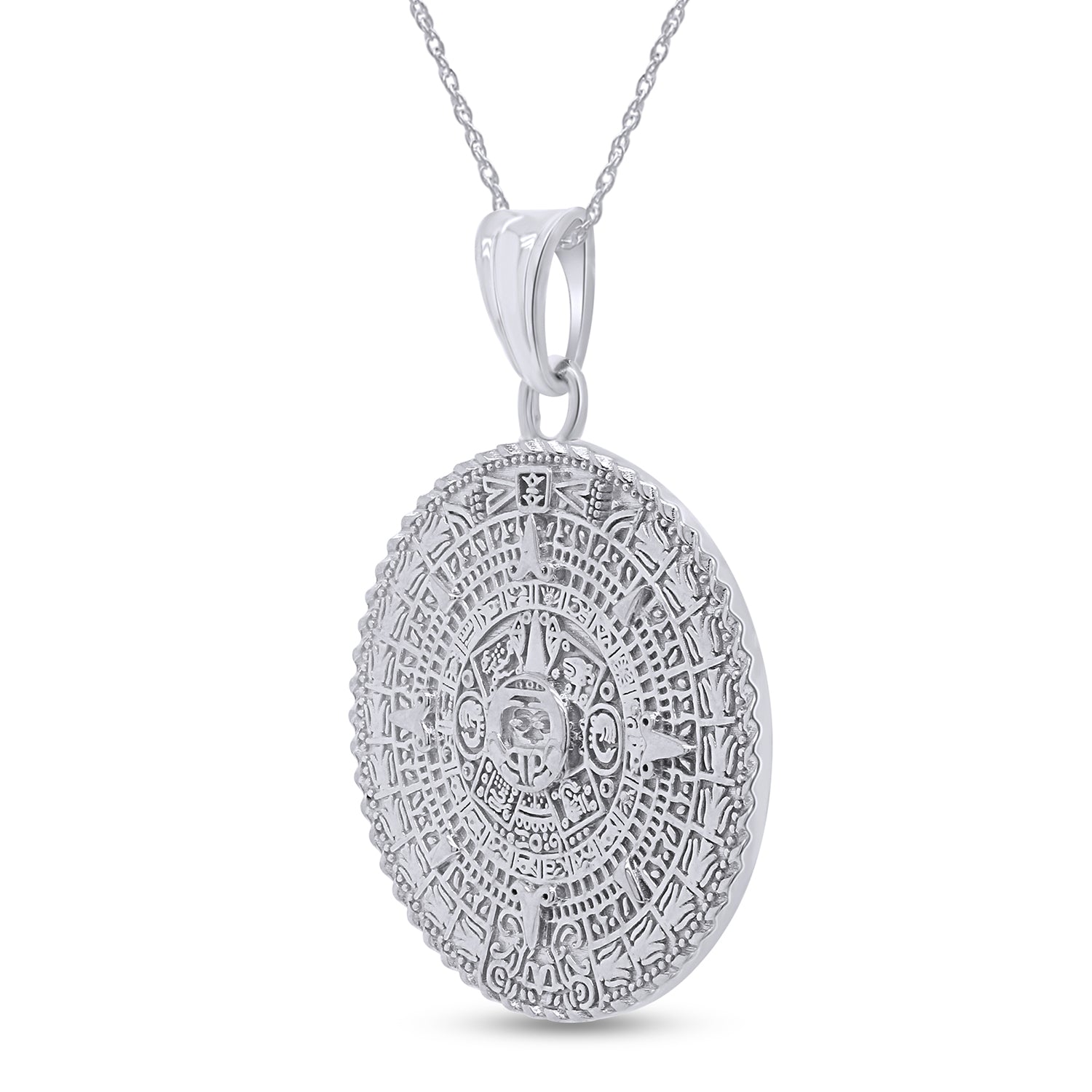 Aztec Mayan Sun Calendar Charm Pendant Necklace 925 Sterling Silver