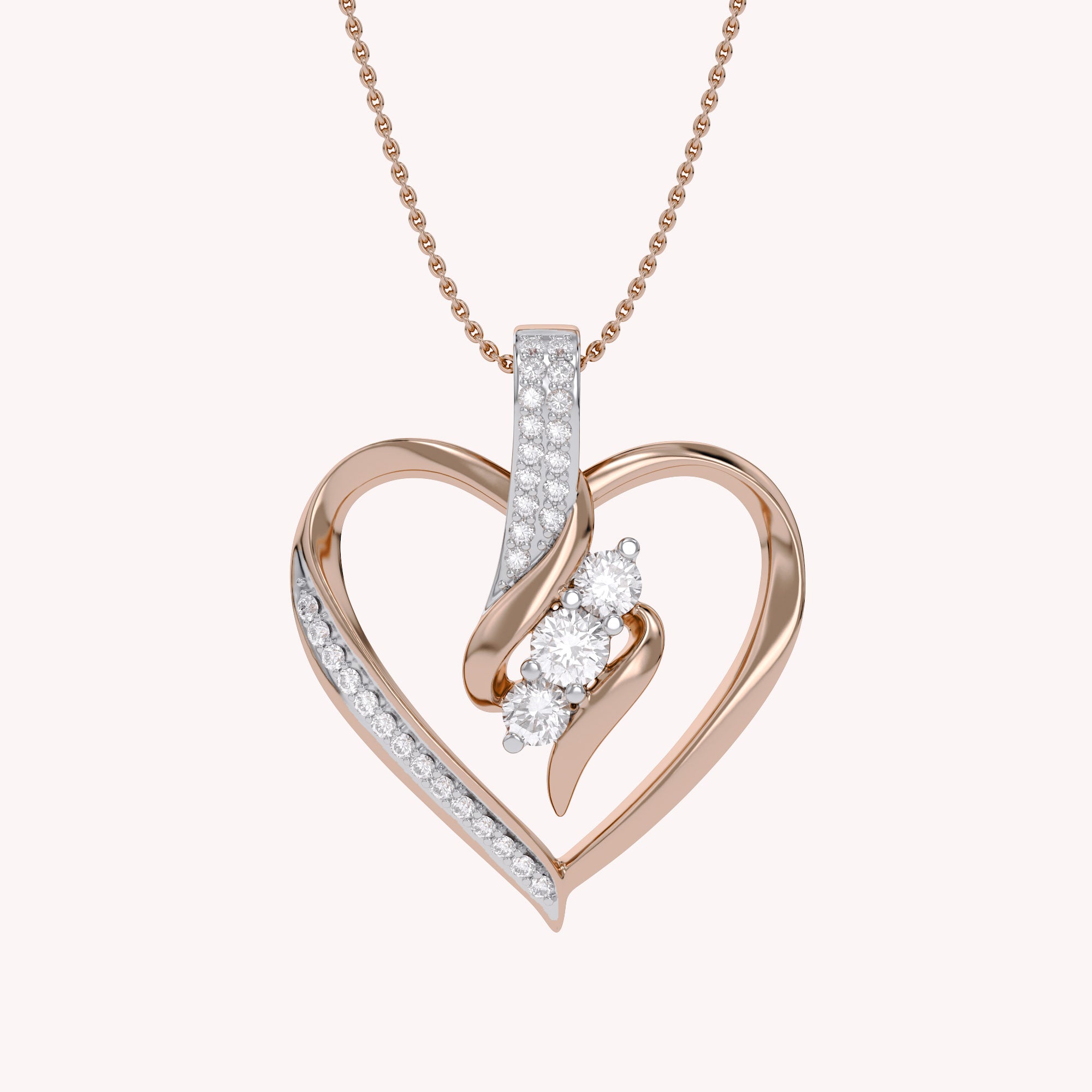 3 Stone Swirl Heart Natural Diamond Pendant Necklace