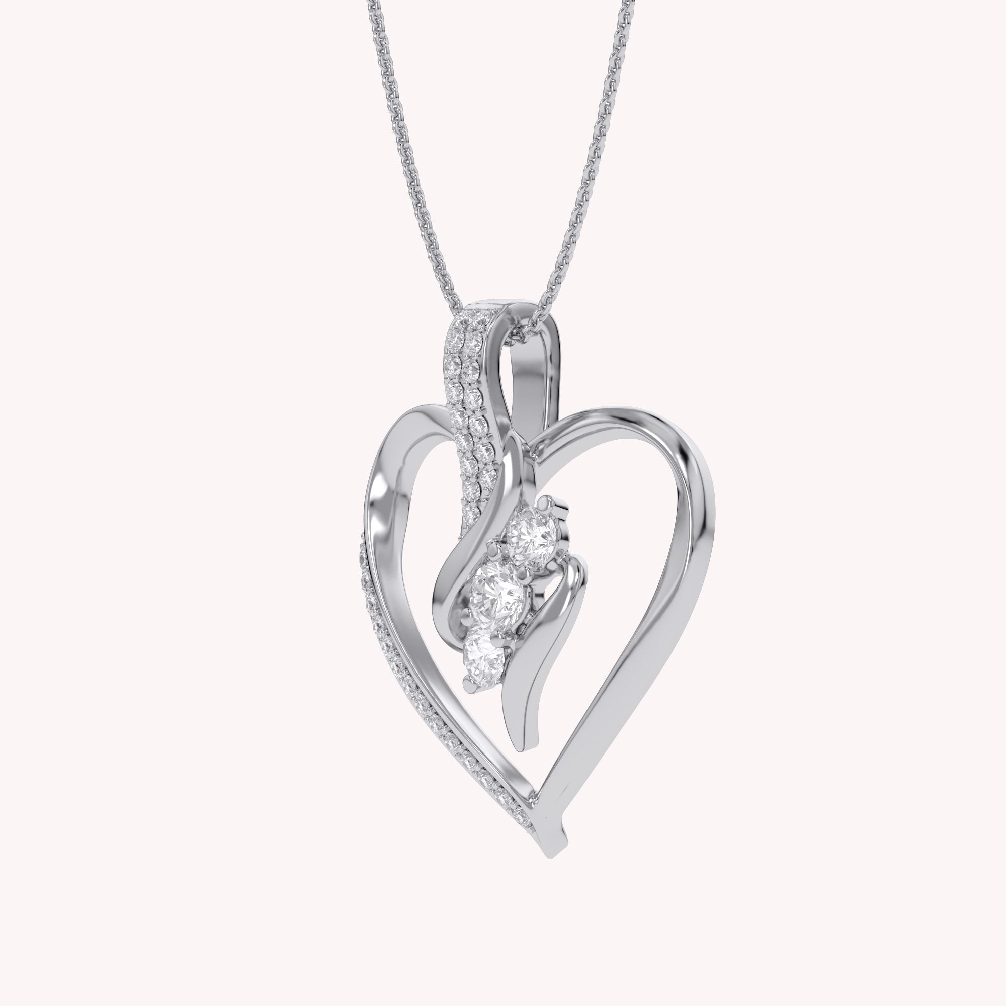 3 Stone Swirl Heart Natural Diamond Pendant Necklace