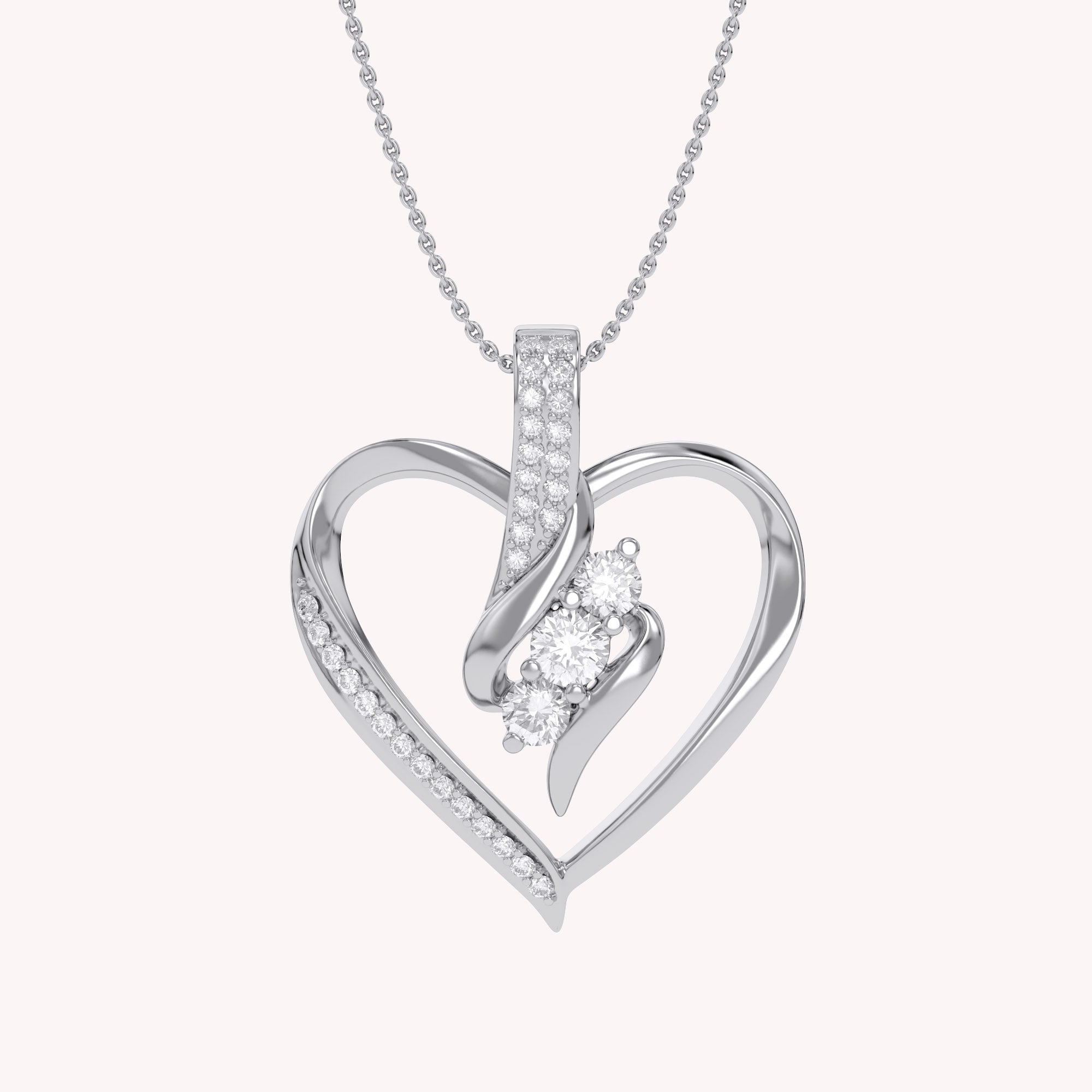 3 Stone Swirl Heart Natural Diamond Pendant Necklace