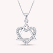 Round White CZ Jewish Star of David & Heart Pendant Necklace