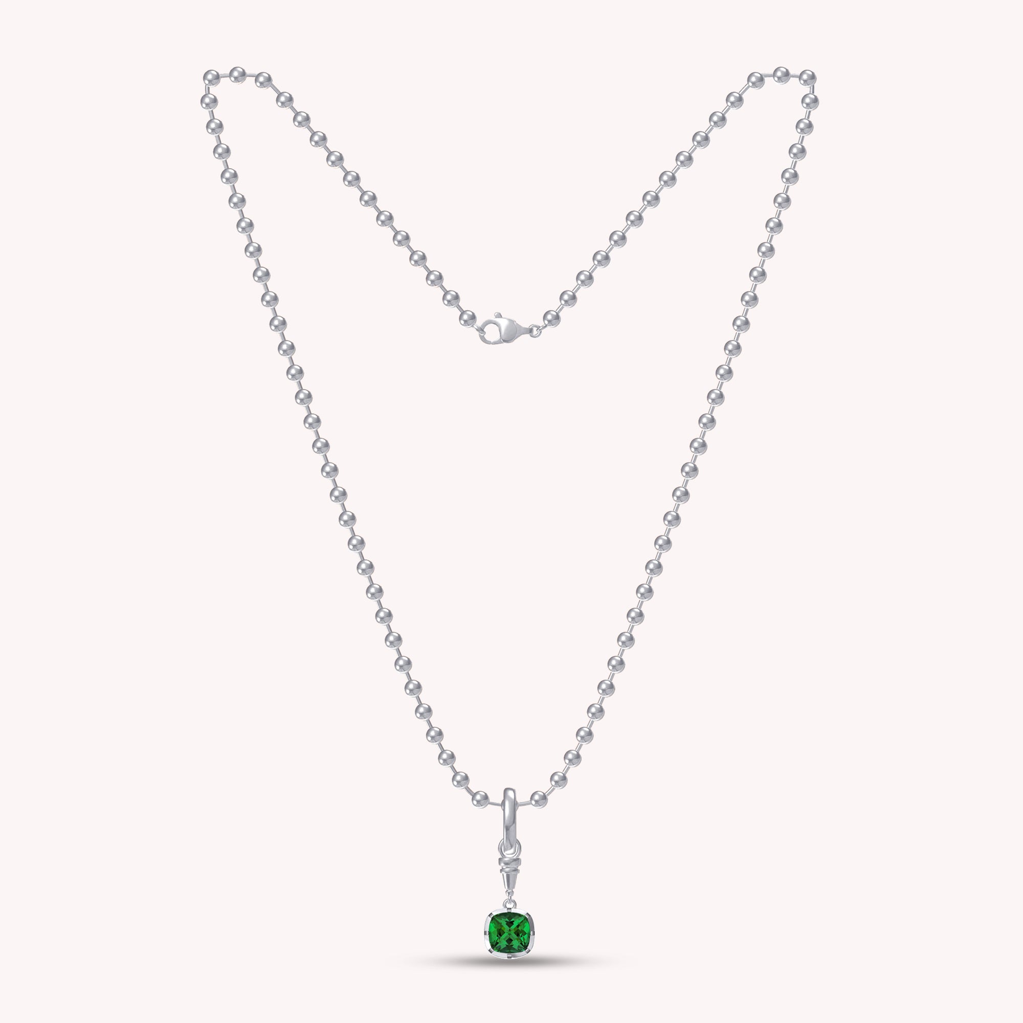 Bead Chain with Cushion Shape Pendant In Lab Grown Emerald Gemstone