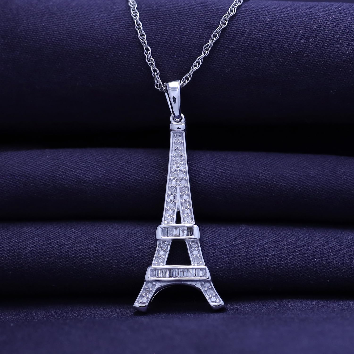 Round Natural Diamond Eiffel Tower Charm Pendant Necklace