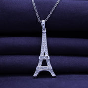Round Natural Diamond Eiffel Tower Charm Pendant Necklace