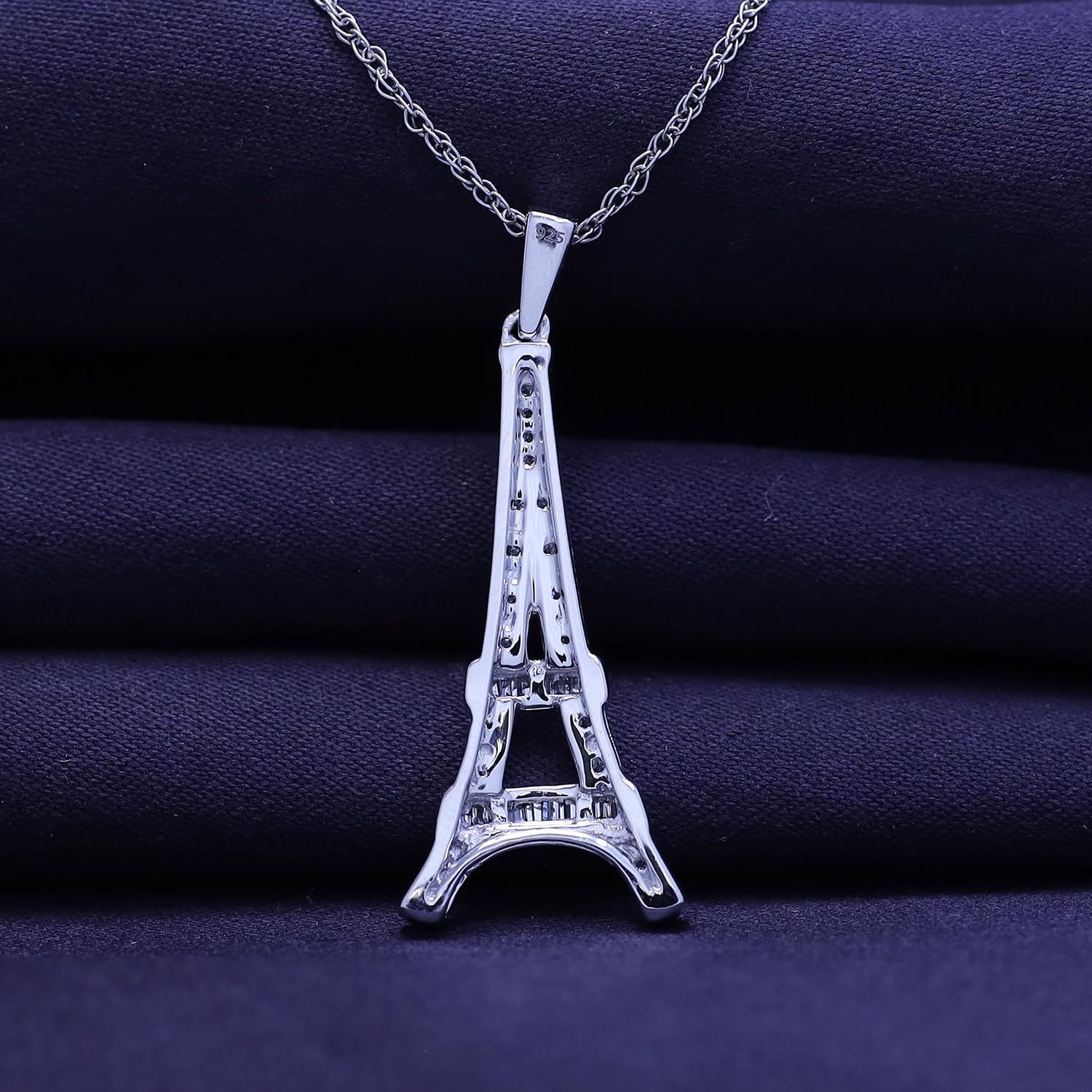 Round Natural Diamond Eiffel Tower Charm Pendant Necklace