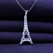 Round Natural Diamond Eiffel Tower Charm Pendant Necklace