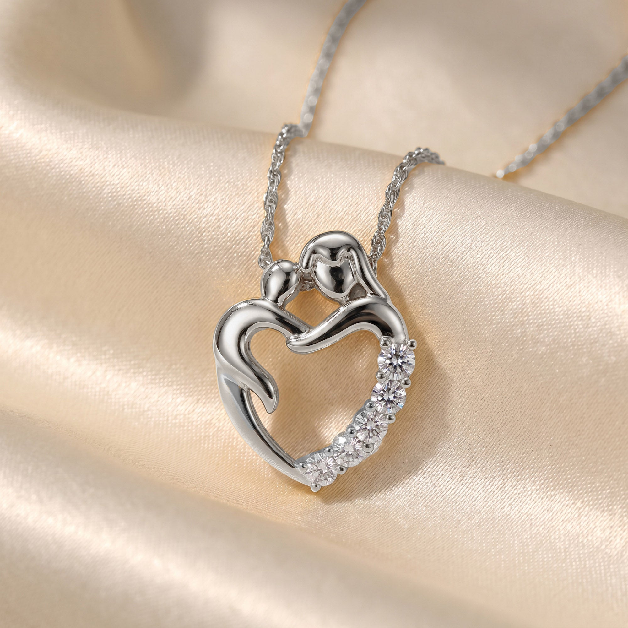 Mom And Child Heart Natural Diamond Pendant Necklace