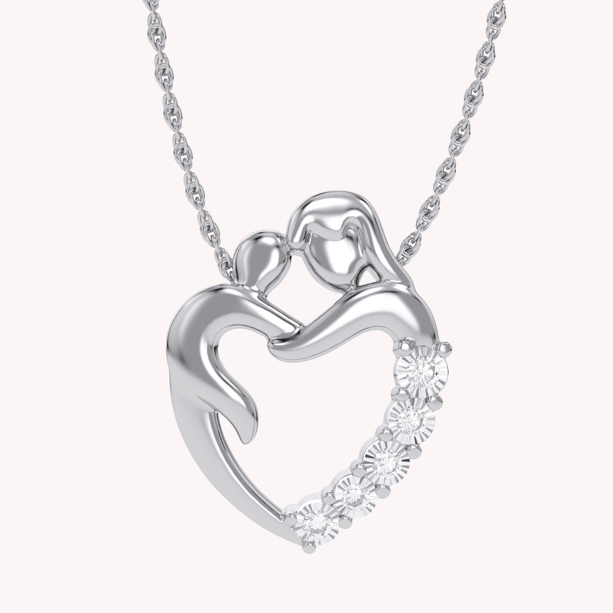 Mom And Child Heart Natural Diamond Pendant Necklace