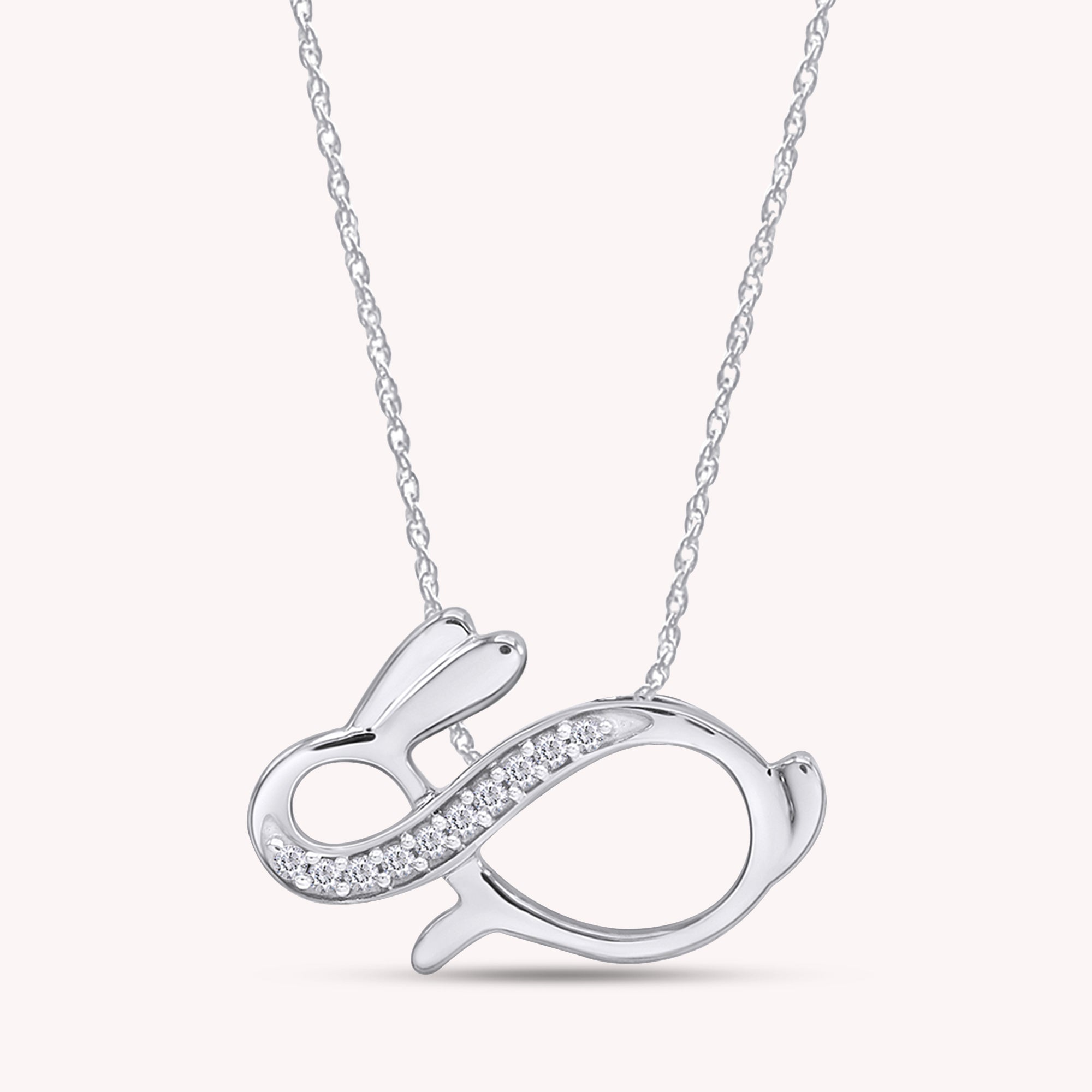 Round White Natural Diamond Bunny Infinity Pendant Necklace