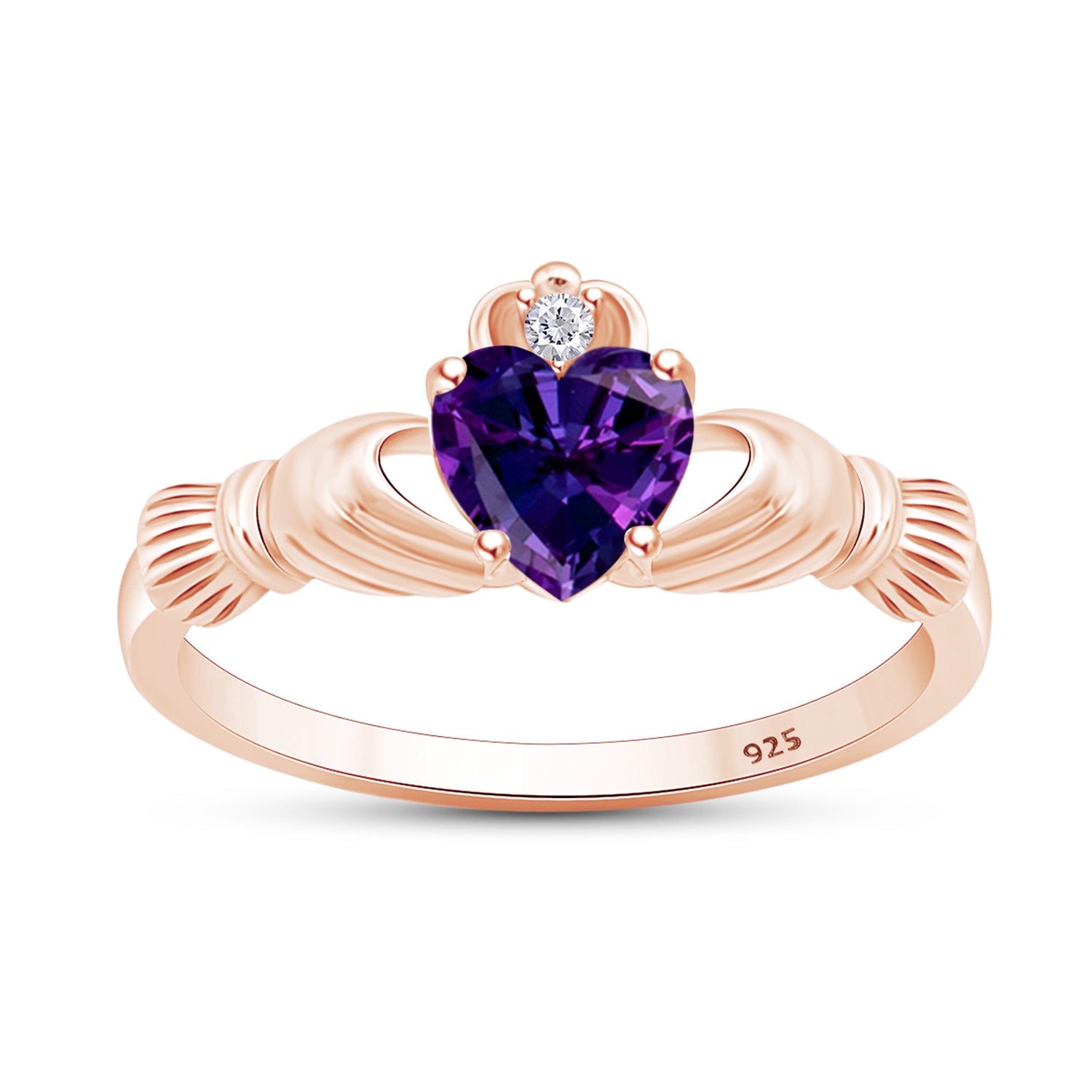 Claddagh Heart Ring Simulated Birthstone & Cubic Zirconia 14k Rose Gold Plated Sterling Silver