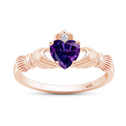 Claddagh Heart Ring Simulated Birthstone & Cubic Zirconia 14k Rose Gold Plated Sterling Silver