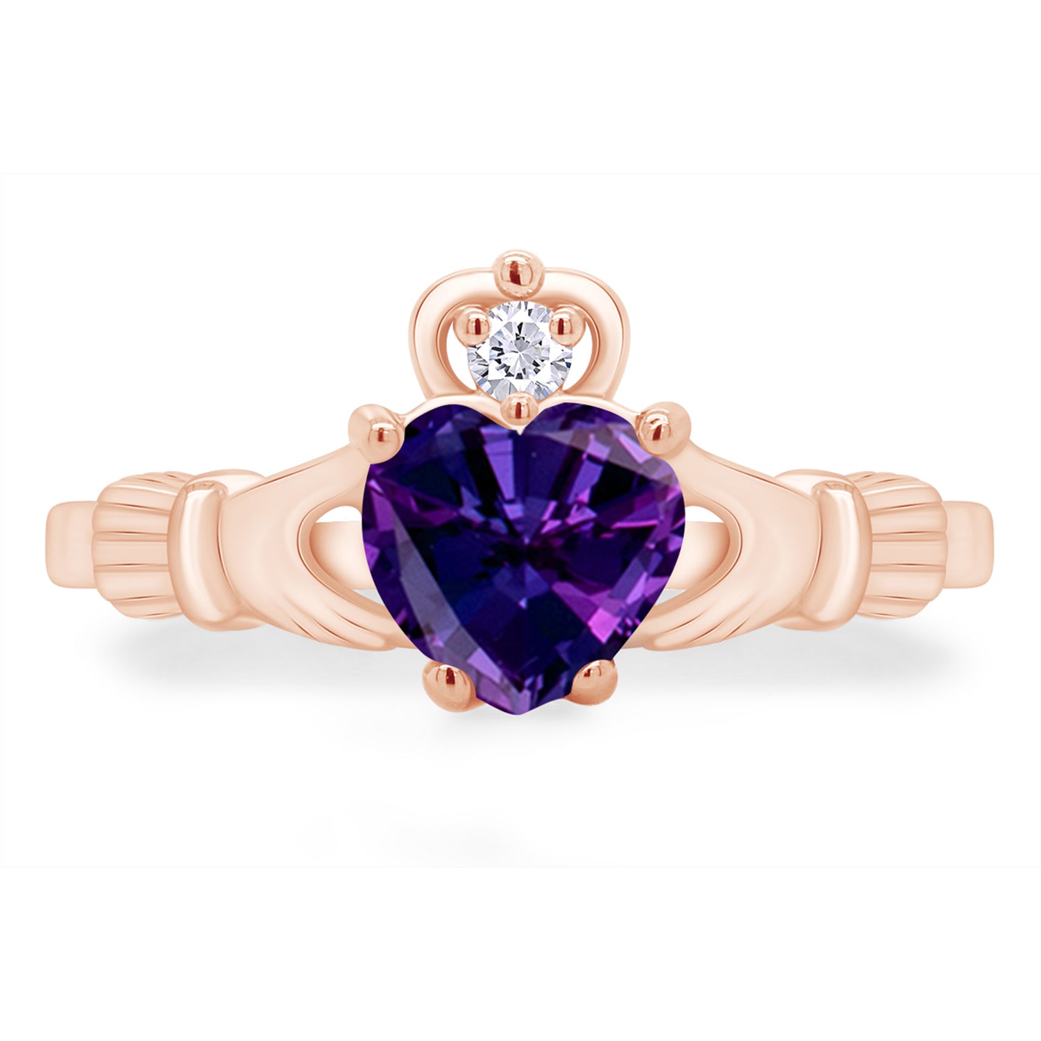 Claddagh Heart Ring Simulated Birthstone & Cubic Zirconia 14k Rose Gold Plated Sterling Silver