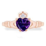 Claddagh Heart Ring Simulated Birthstone & Cubic Zirconia 14k Rose Gold Plated Sterling Silver